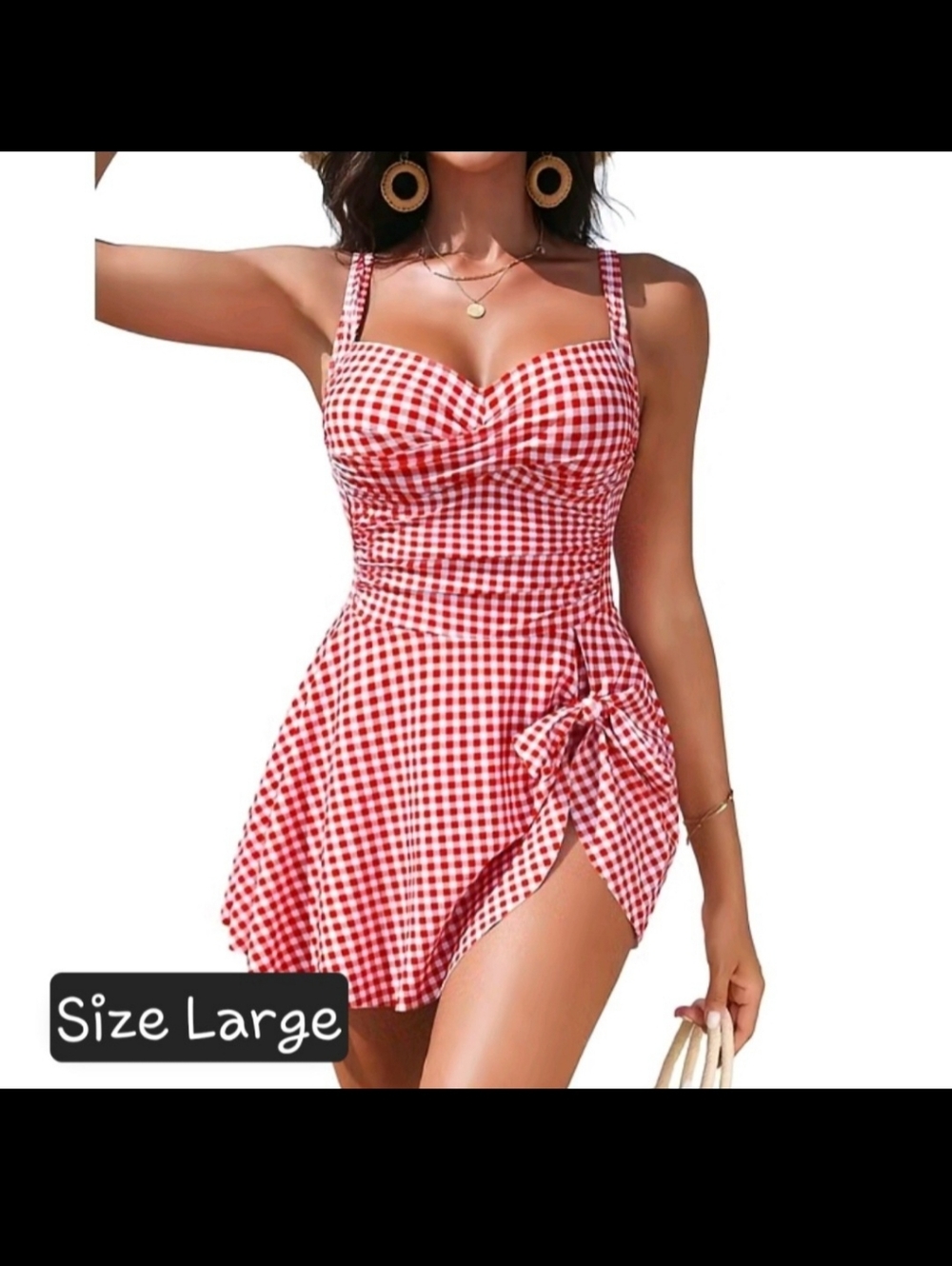Womens Red White Gingham One Piece Swimsuit Bathing Suit Swim Skirt Size Large